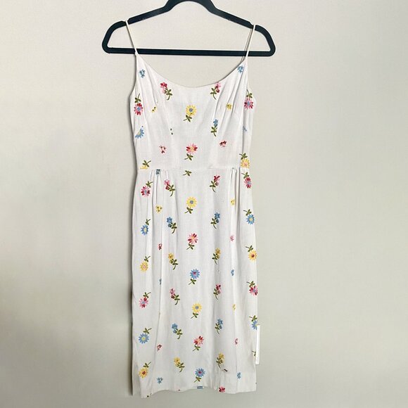 Vintage Dresses & Skirts - Vintage White Linen Floral Print Embroidered Midi Sun Dress Size Small